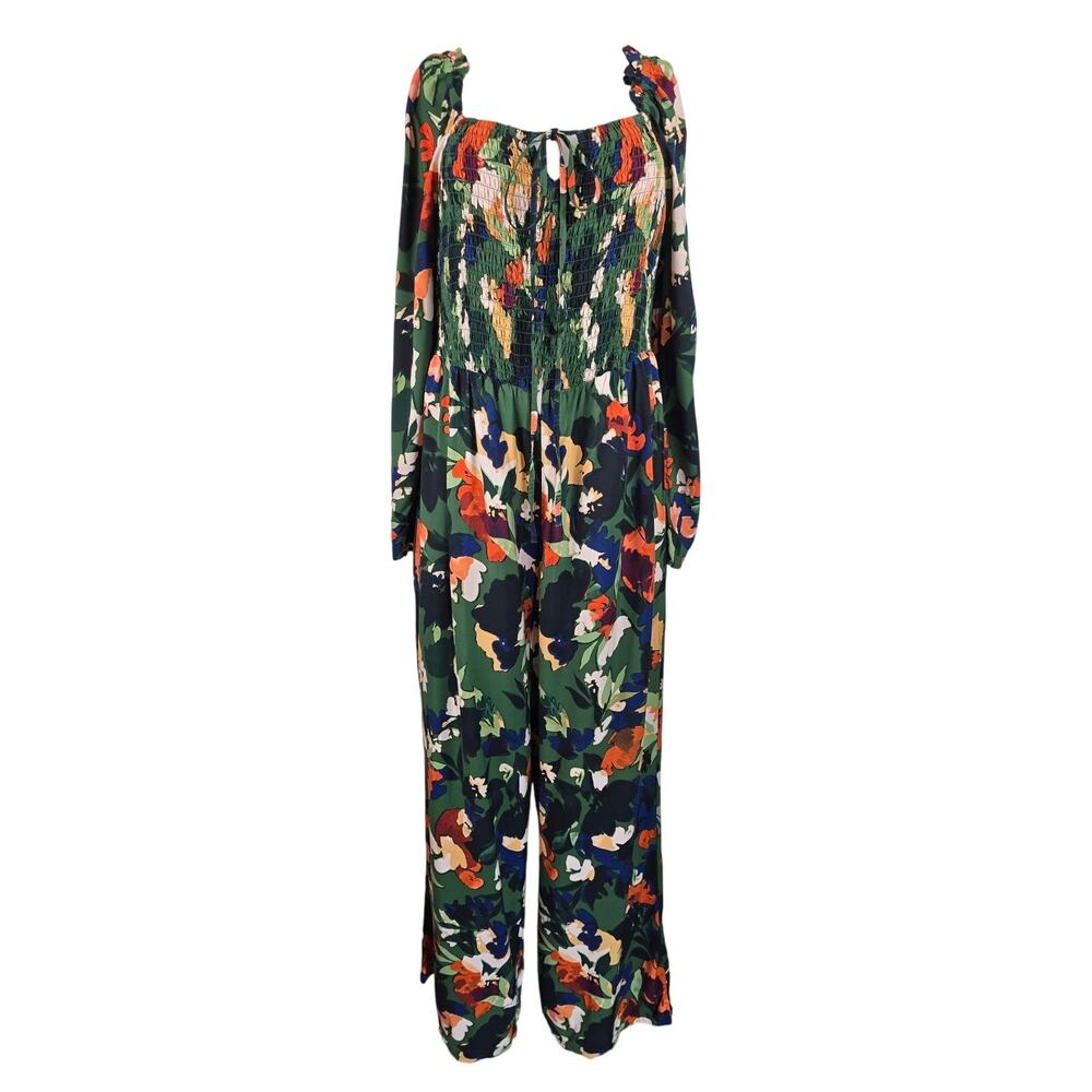 Eloquii Elements Floral Leaf Smocking Business Work Jumpsuit Women's 16